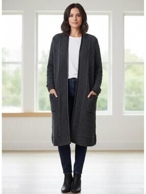 St. John Large Long Open Front Charcoal Gray Cardigan Sweater With Leather Trim